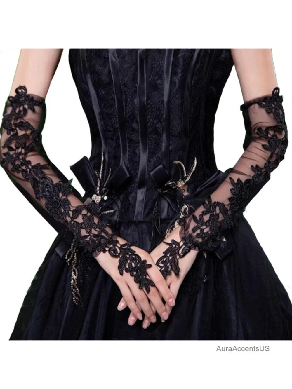 Lace Fingerless Elbow Gloves Sheer Tulle Opera Bridal